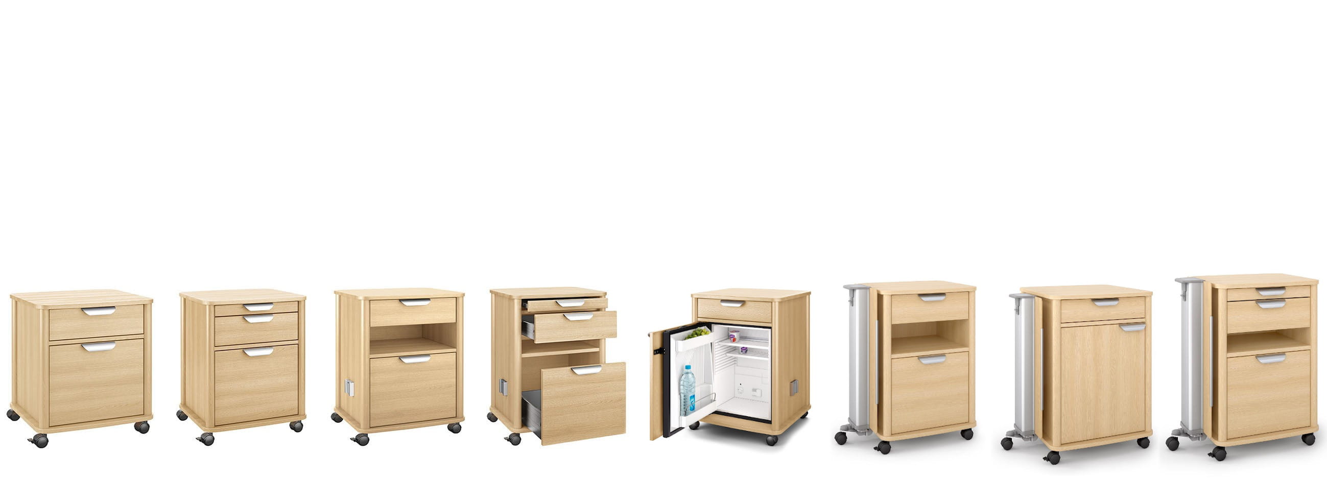 La gamme de chevets vivo se distingue par son esthétique : la collection aux angles arrondis et sur roulettes intègre d’élégantes poignées.